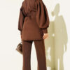 Balloon Sleeve Waist-Tie Scuba Two-Piece Set Brown – Image 3