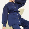 Balloon Sleeve Waist-Tie Scuba Two-Piece Set Navy Blue – Bild 2