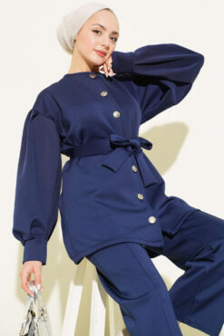 Alternative view of Balloon Sleeve Waist-Tie Scuba Two-Piece Set Navy Blue