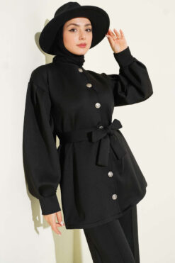 Alternative view of Balloon Sleeve Waist-Tie Scuba Two-Piece Set Black