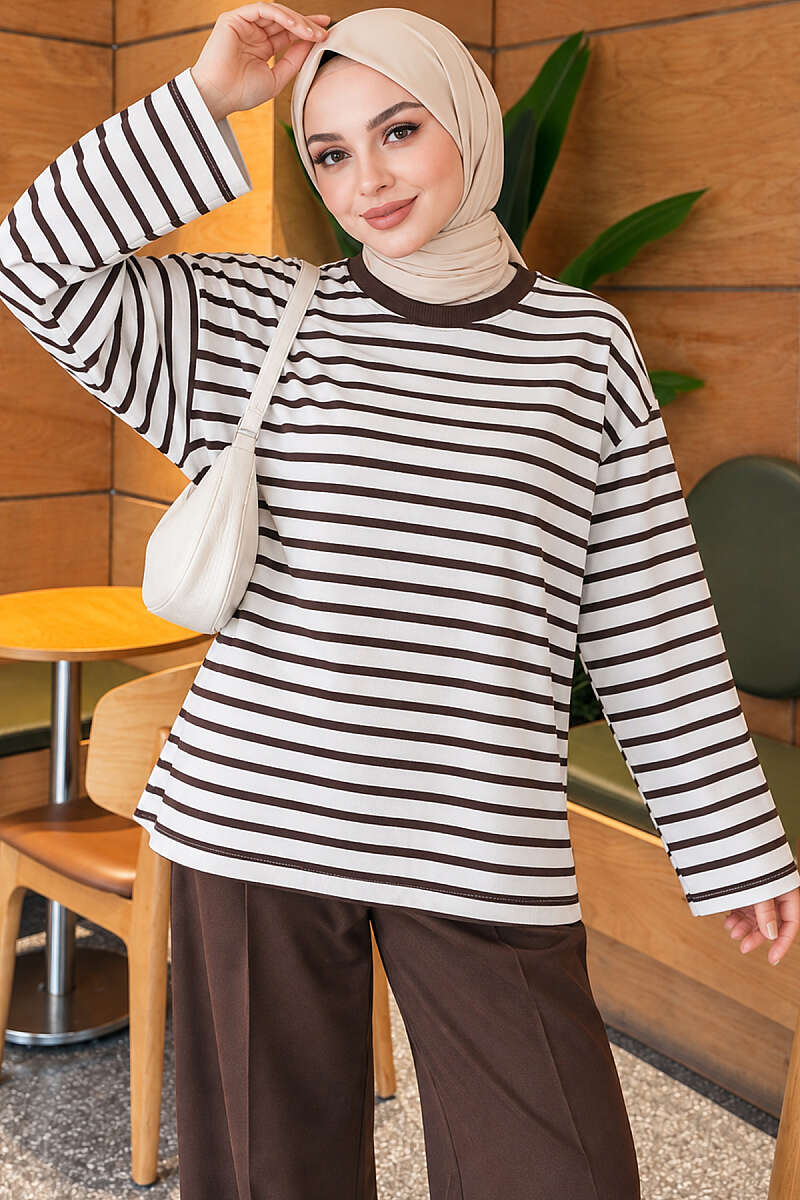 Basic Crew Neck Striped Tunic Brown