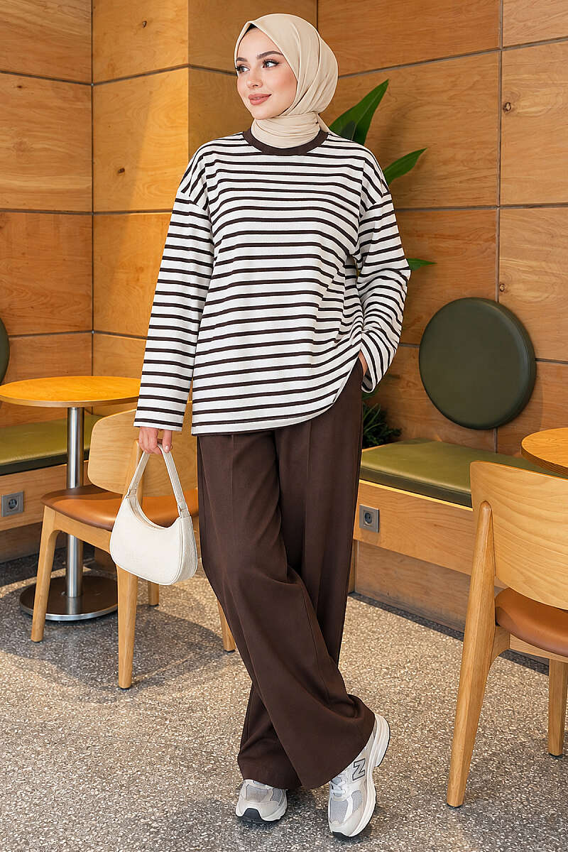 Basic Crew Neck Striped Tunic Brown – Bild 2