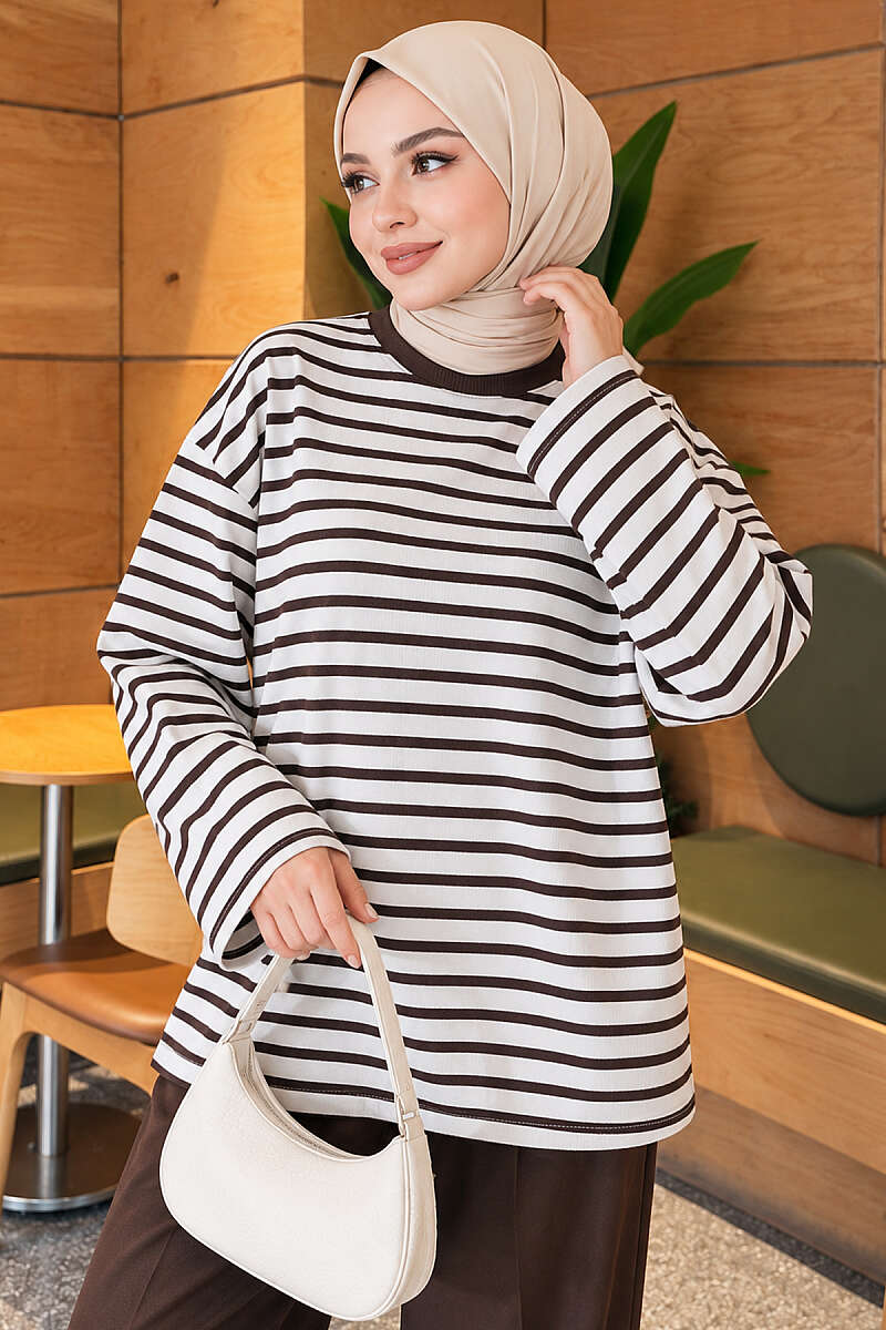 Basic Crew Neck Striped Tunic Brown – Bild 3