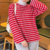 Basic Crew Neck Striped Tunic Red