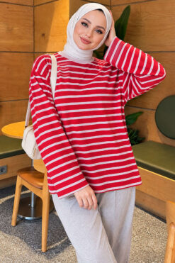 Basic Crew Neck Striped Tunic Red
