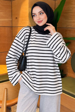 Basic Crew Neck Striped Tunic Black