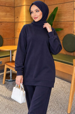 Alternative view of Front Slit Tunic Two-Piece Set Navy Blue
