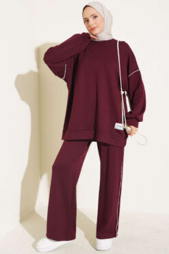 Basic Two-Piece Set with Ribbed Hem Edge Burgundy