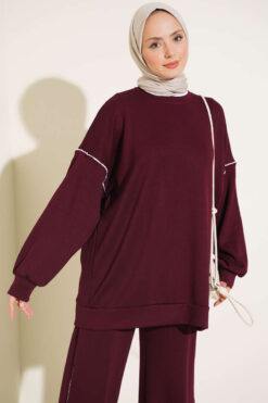 Alternative view of Basic Two-Piece Set with Ribbed Hem Edge Burgundy