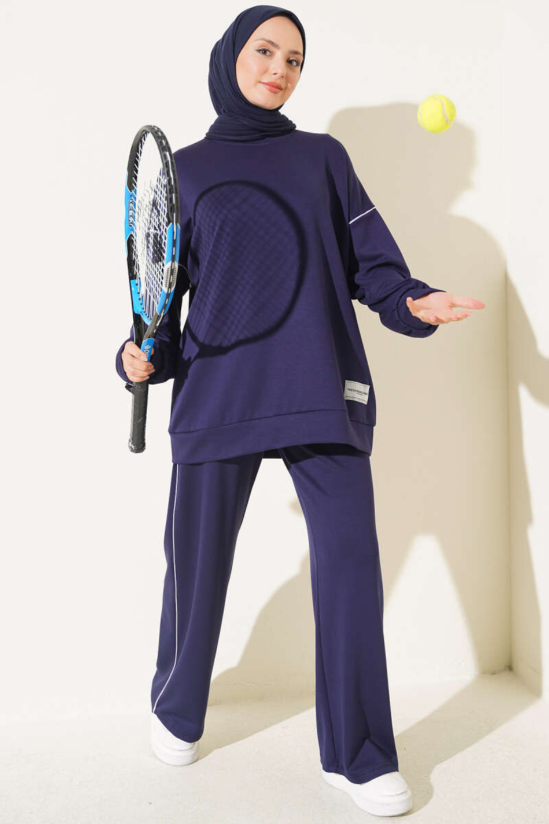 Basic Two-Piece Set with Ribbed Hem Edge Navy Blue