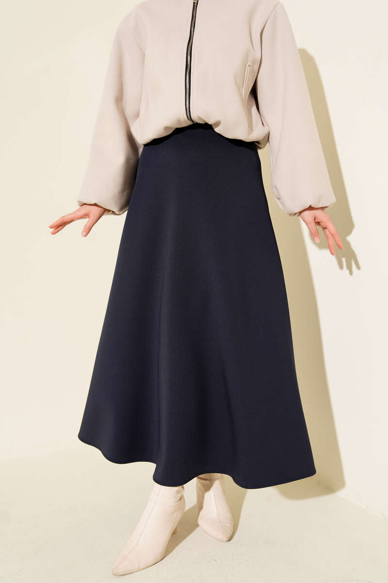 Basic Scuba Knit Hem Edge Skirt Navy Blue