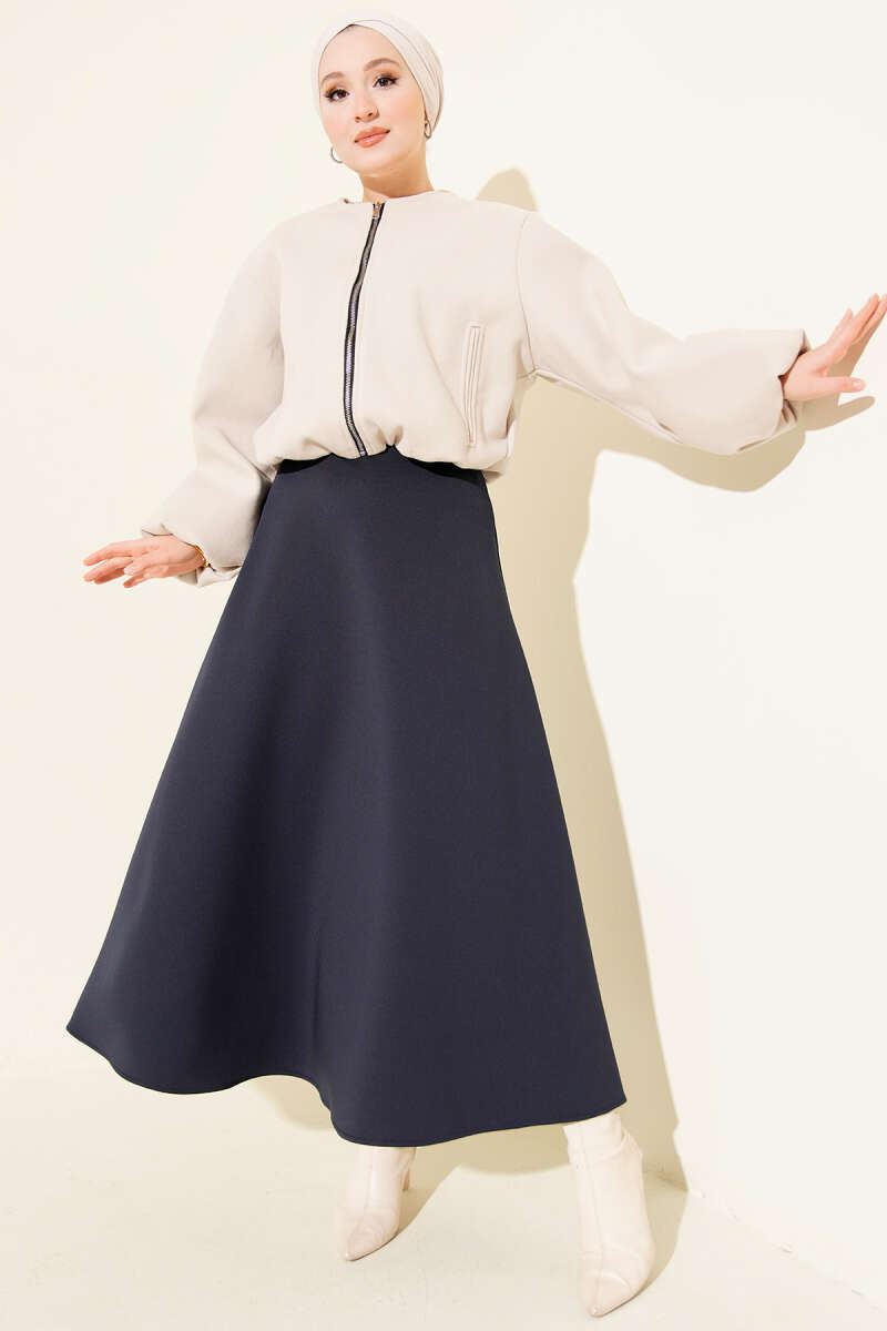 Basic Scuba Knit Hem Edge Skirt Navy Blue - الصورة 2