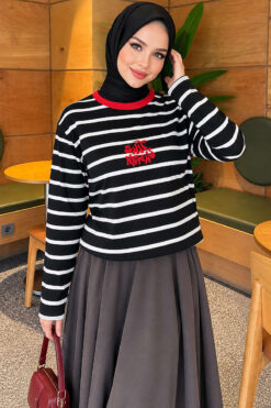 Printed Horizontal Stripe Tunic Black