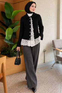Alternative view of Baby Collar Lace-Detail Knitted Cardigan Black