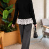 Baby Collar Lace-Detail Knitted Cardigan Black - Imagen 4