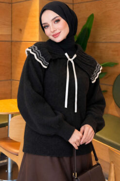 Baby Collar Knit Sweater with Ribbon Detail Anthracite