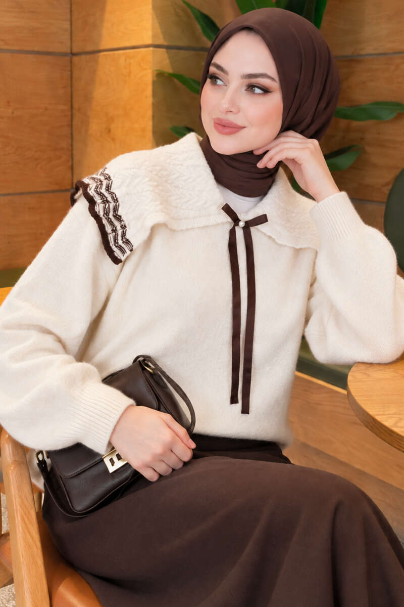 Baby Collar Knit Sweater with Ribbon Detail Beige - الصورة 3
