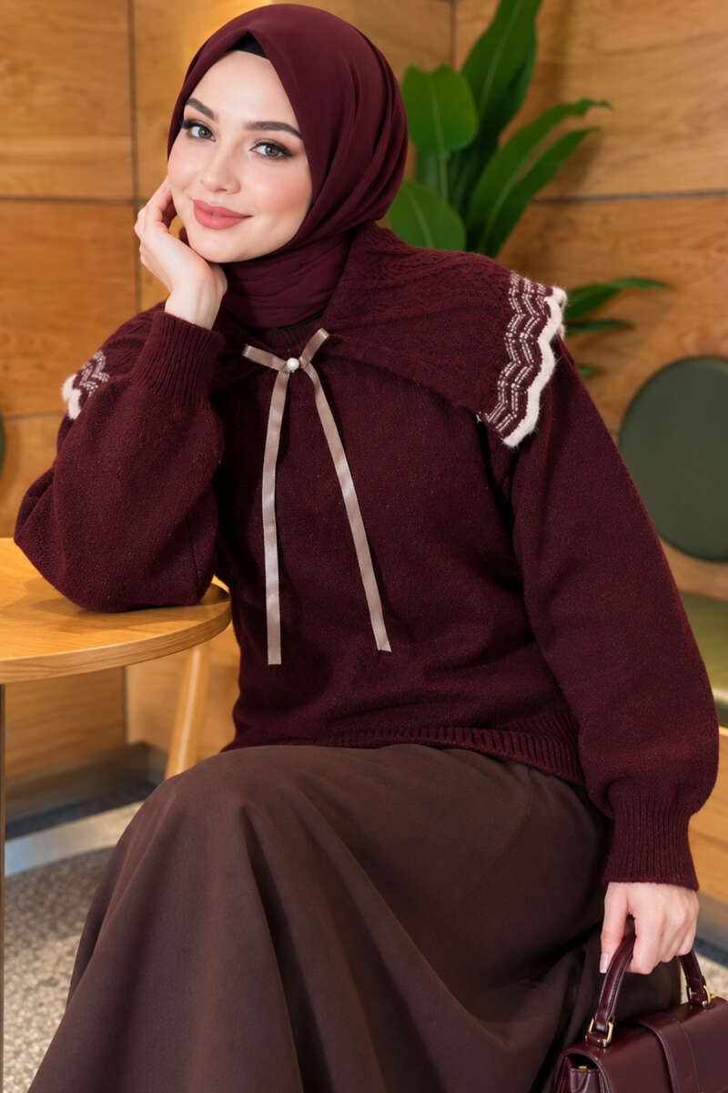 Baby Collar Knit Sweater with Ribbon Detail Burgundy