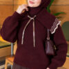 Baby Collar Knit Sweater with Ribbon Detail Burgundy - Image 3