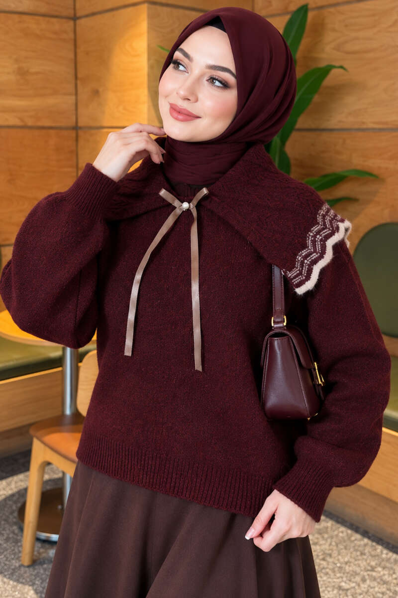 Baby Collar Knit Sweater with Ribbon Detail Burgundy - Image 3