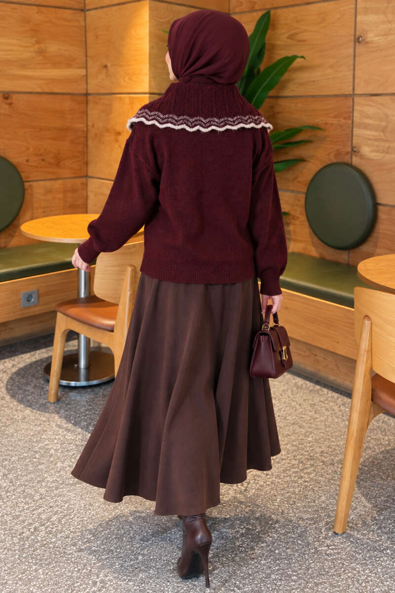 Baby Collar Knit Sweater with Ribbon Detail Burgundy - Image 4
