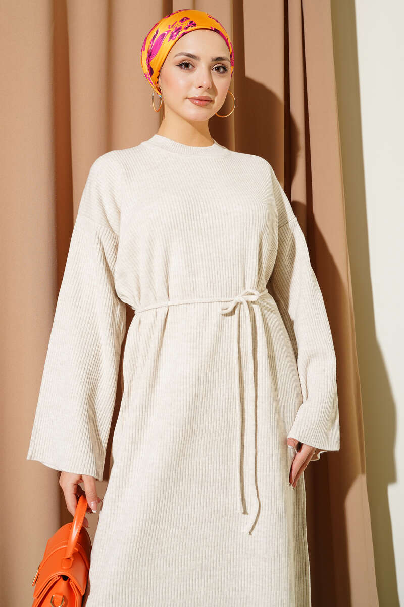 Waist-Drawstring Crew Neck Knit Dress Beige – Image 2
