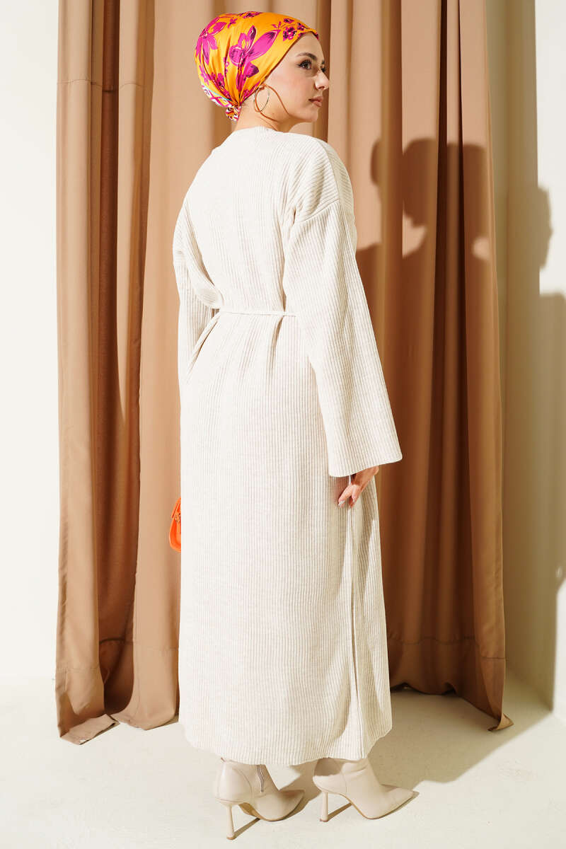Waist-Drawstring Crew Neck Knit Dress Beige – Image 3