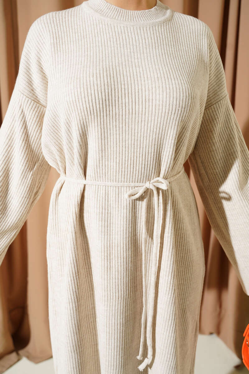Waist-Drawstring Crew Neck Knit Dress Beige – Image 4