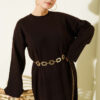 Waist-Drawstring Crew Neck Knit Dress Brown – Image 2