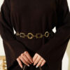 Waist-Drawstring Crew Neck Knit Dress Brown – Image 4