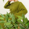 Waist-Drawstring Crew Neck Knit Dress Oil Green