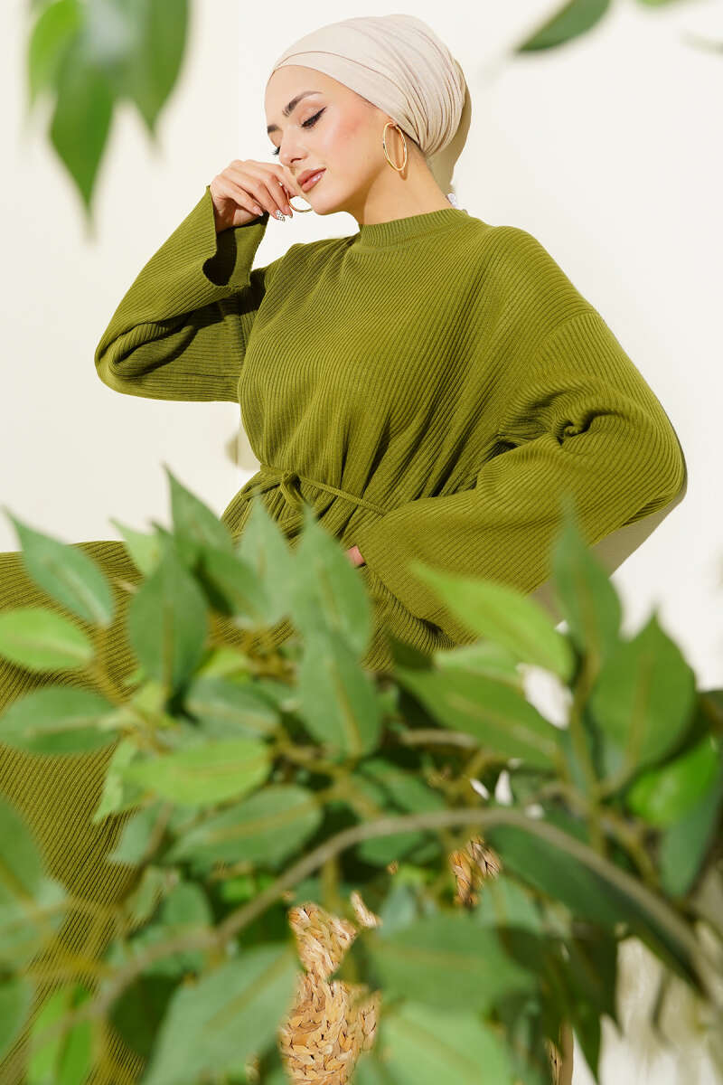 Waist-Drawstring Crew Neck Knit Dress Oil Green