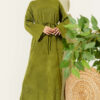 Waist-Drawstring Crew Neck Knit Dress Oil Green – Image 2