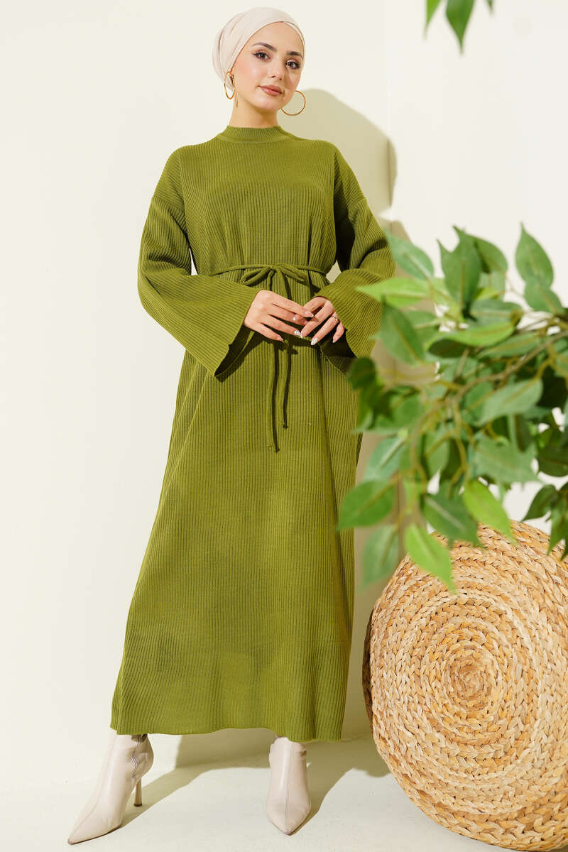Waist-Drawstring Crew Neck Knit Dress Oil Green – Image 2