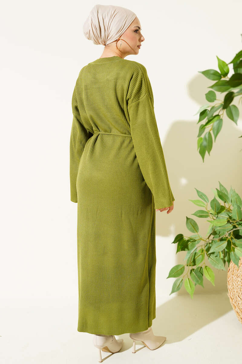 Waist-Drawstring Crew Neck Knit Dress Oil Green – Image 3
