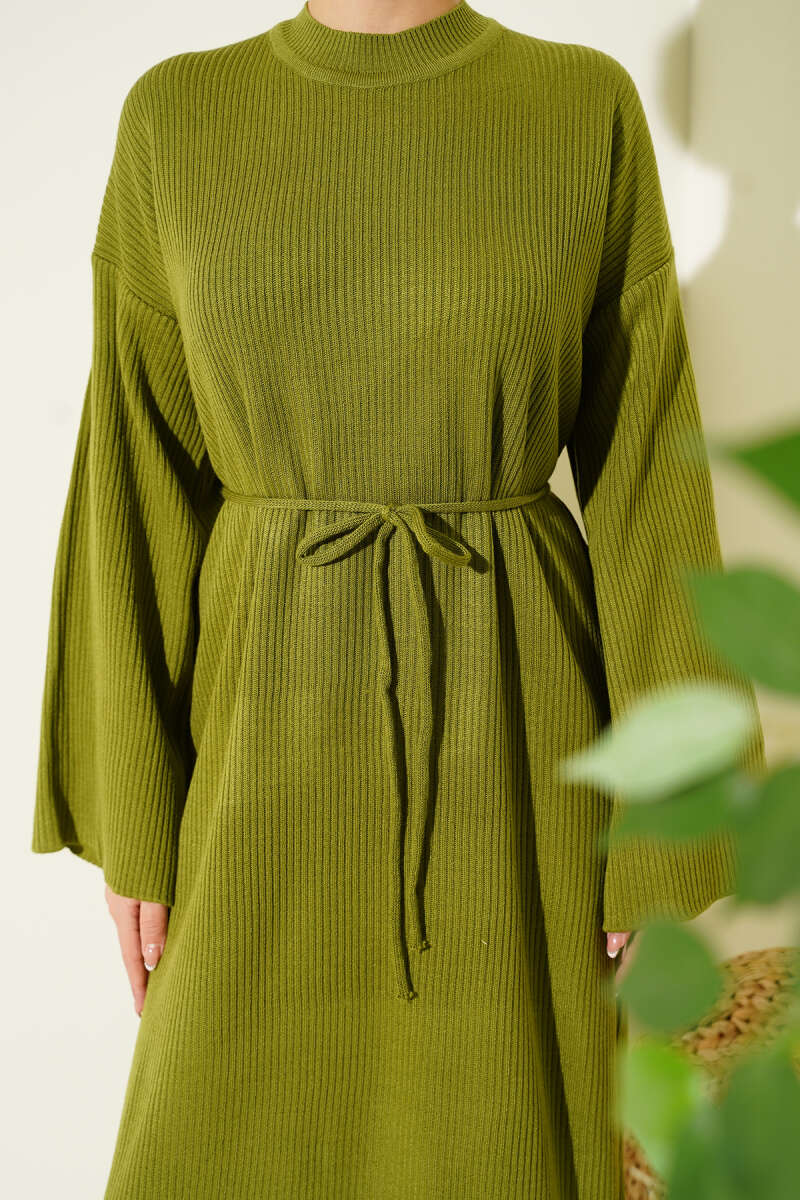 Waist-Drawstring Crew Neck Knit Dress Oil Green – Image 4