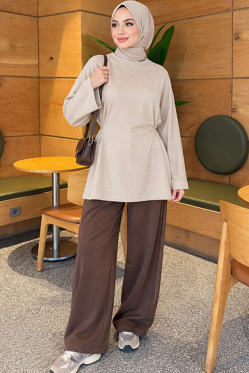 Waist-Drawstring Velvet Tunic Beige - الصورة 2