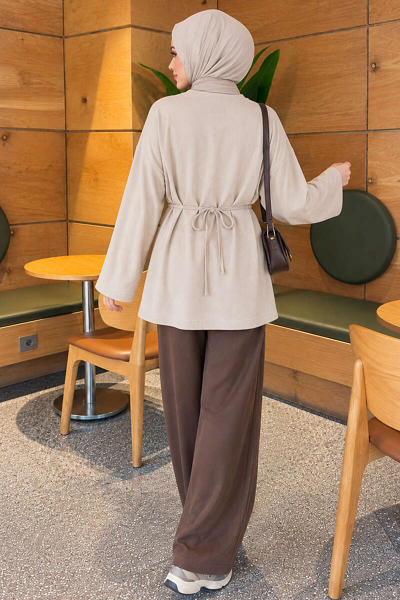 Waist-Drawstring Velvet Tunic Beige - الصورة 3