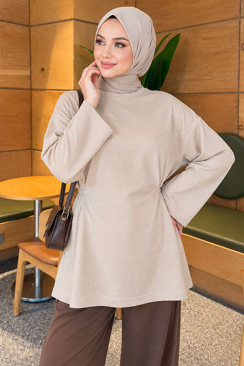 Waist-Drawstring Velvet Tunic Beige - الصورة 4