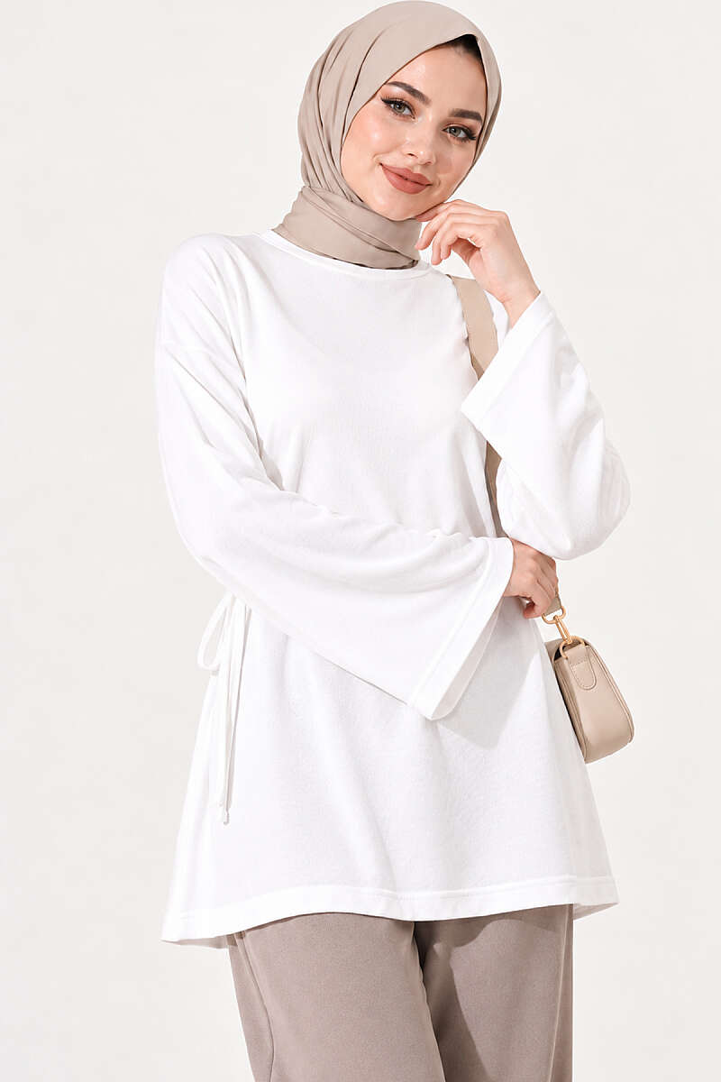 Waist-Drawstring Velvet Tunic Ecru - immagine 3