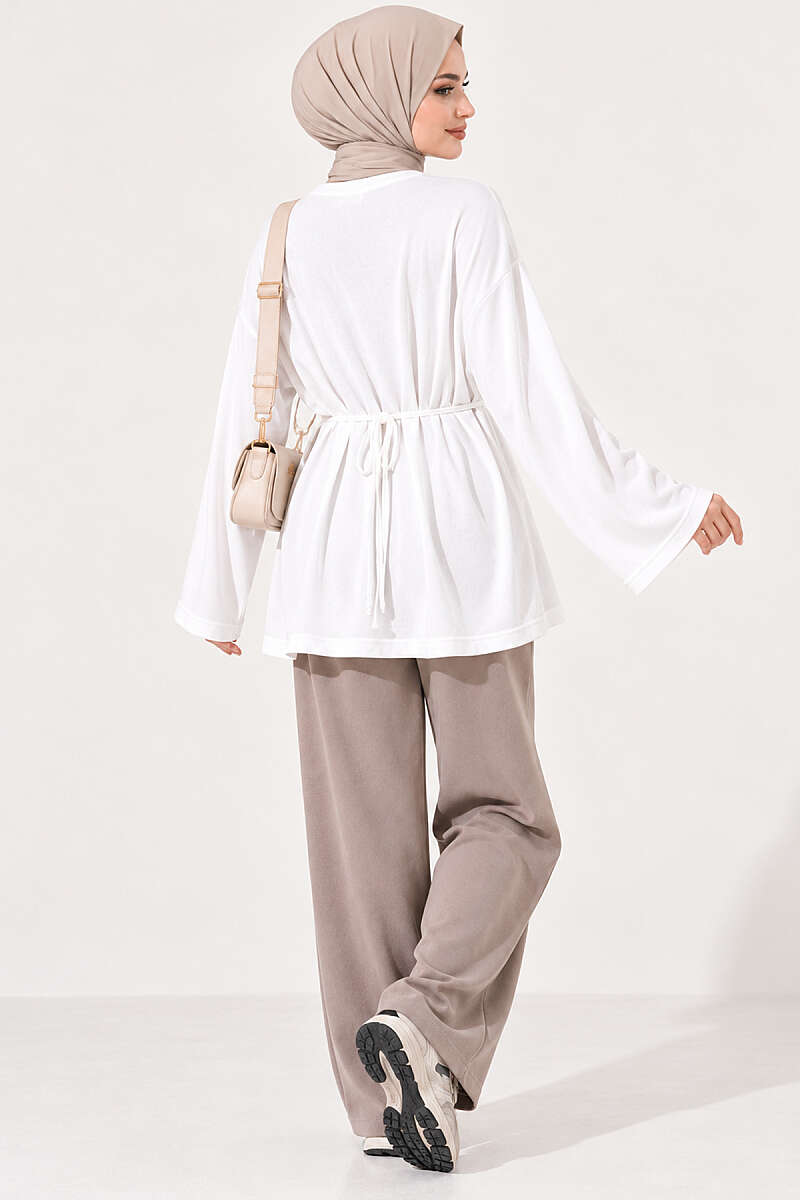 Waist-Drawstring Velvet Tunic Ecru - immagine 4