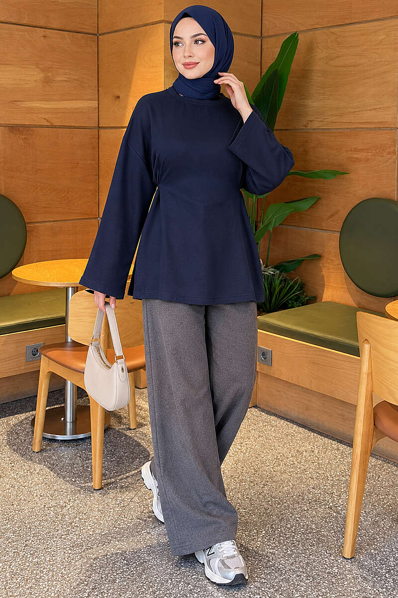 Waist-Drawstring Velvet Tunic Navy Blue - الصورة 2