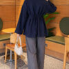 Waist-Drawstring Velvet Tunic Navy Blue - الصورة 3