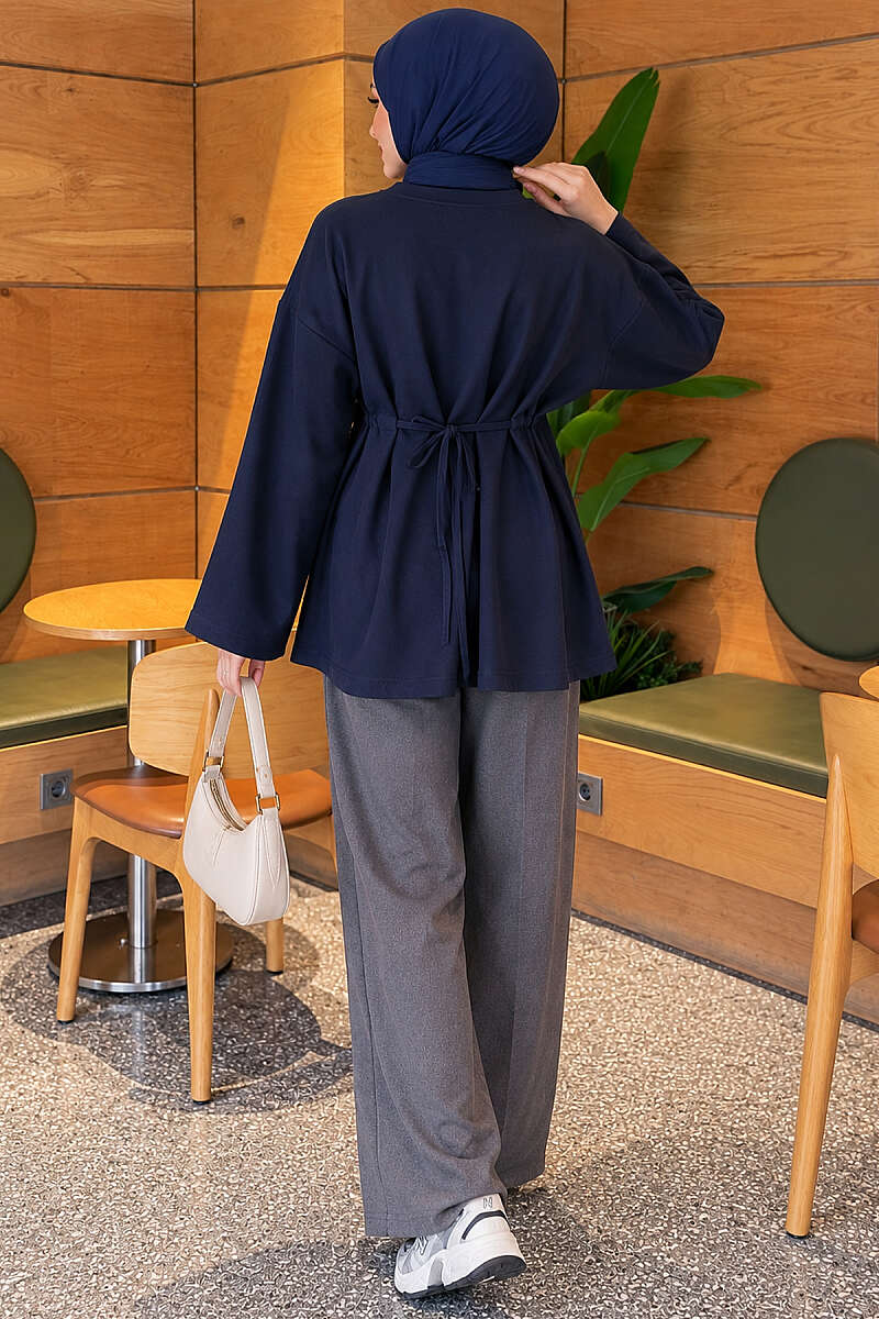Waist-Drawstring Velvet Tunic Navy Blue - الصورة 3