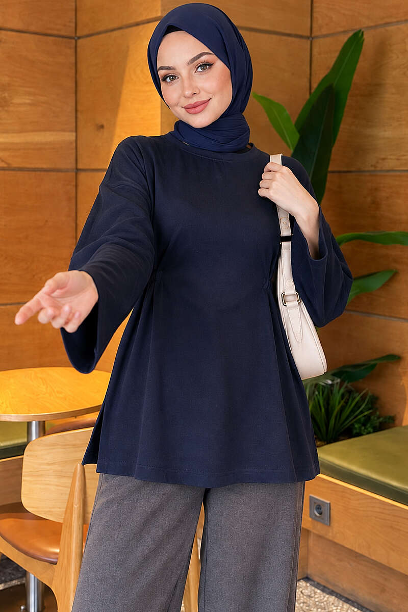 Waist-Drawstring Velvet Tunic Navy Blue - الصورة 4