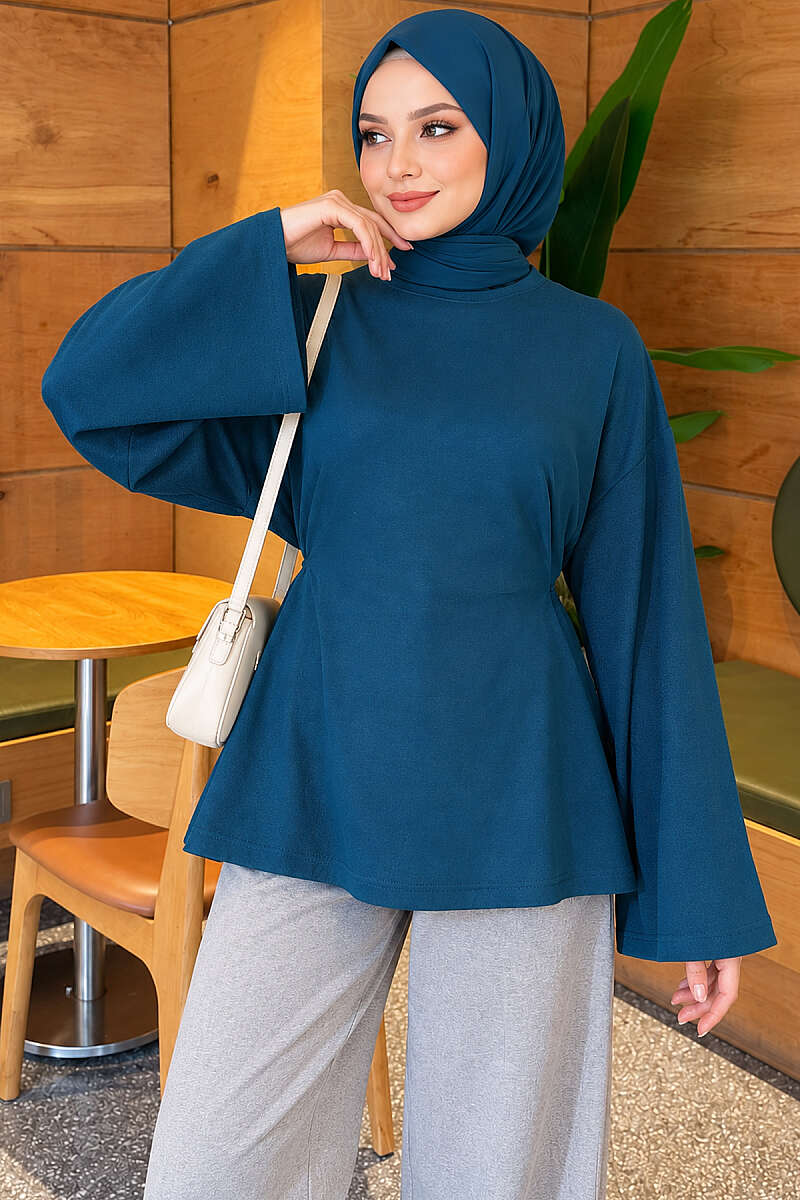 Waist-Drawstring Velvet Tunic Petrol Green - Imagen 4