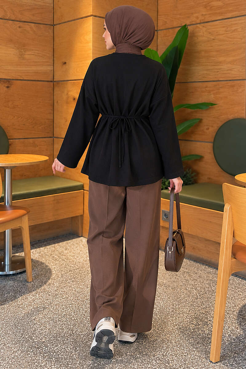 Waist-Drawstring Velvet Tunic Black - الصورة 3