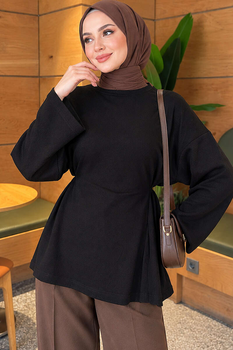 Waist-Drawstring Velvet Tunic Black - الصورة 4