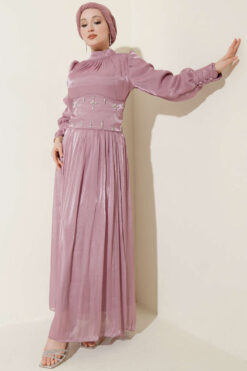 Belt Corset Detailed Stone Embellished Evening Dress Powder Pink