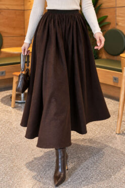 Elastic Waist Plaid Hem Edge Skirt Dark Brown